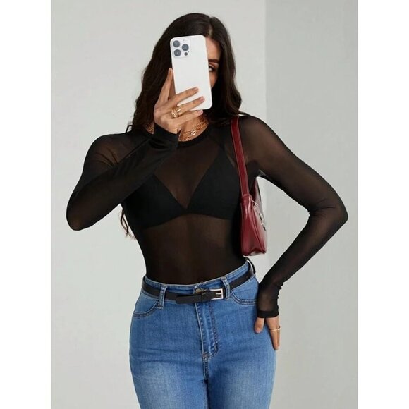 🆕Women Black Sheer Polyester Floral Mesh Top Crew Neck Long Sleeve Going Out - Picture 4 of 4